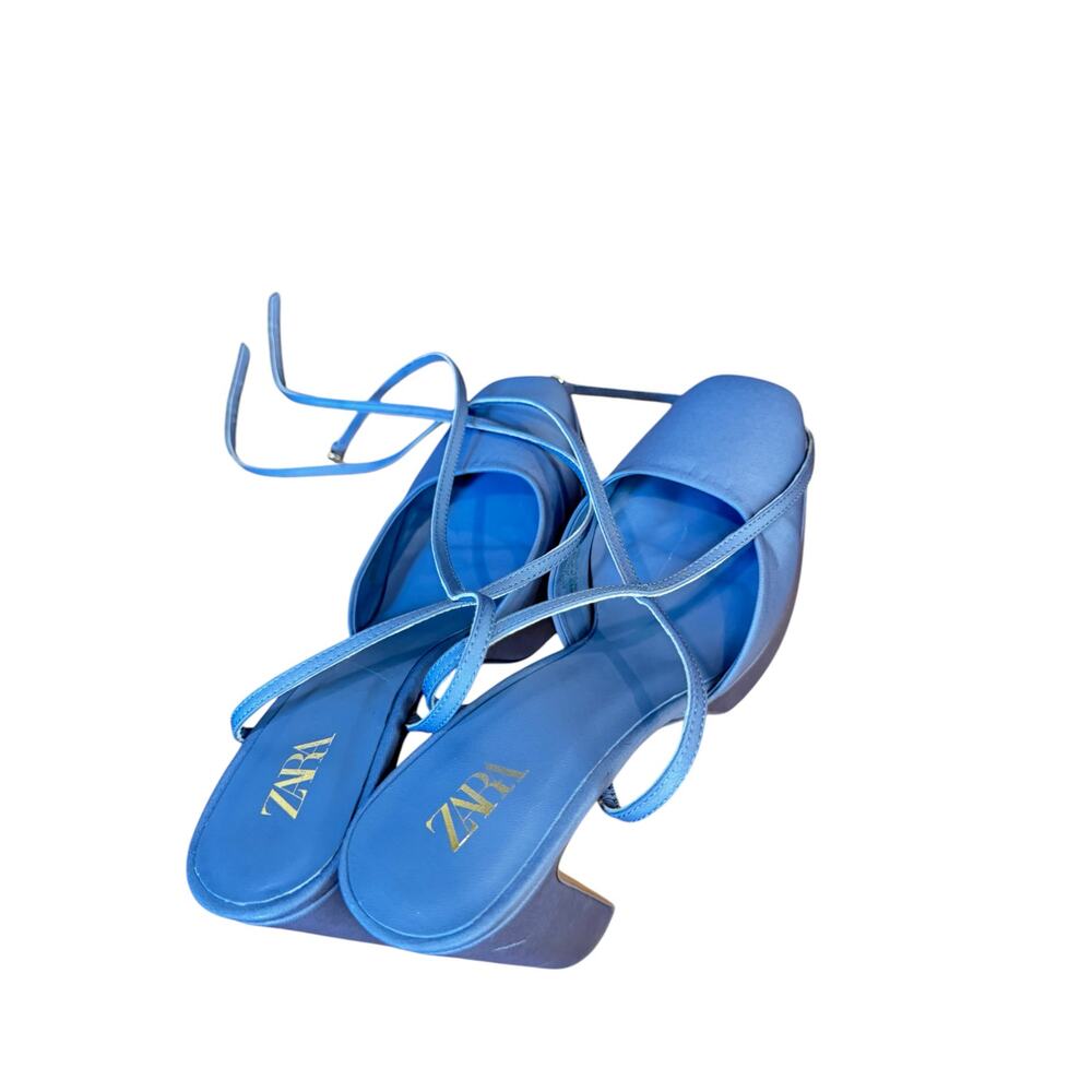 ZARA Chunky Heeled Platform Shoes Size 40 Blue Satin EUC $129 MSRP Square Toe - Picture 10 of 13